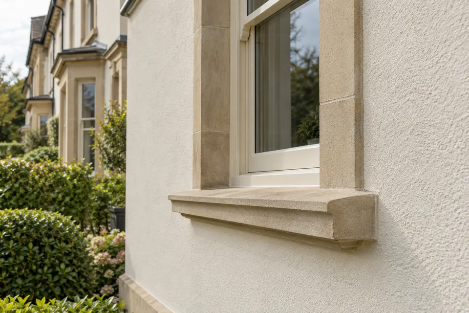 Illustrative close view of textured render at a window and projecting sill