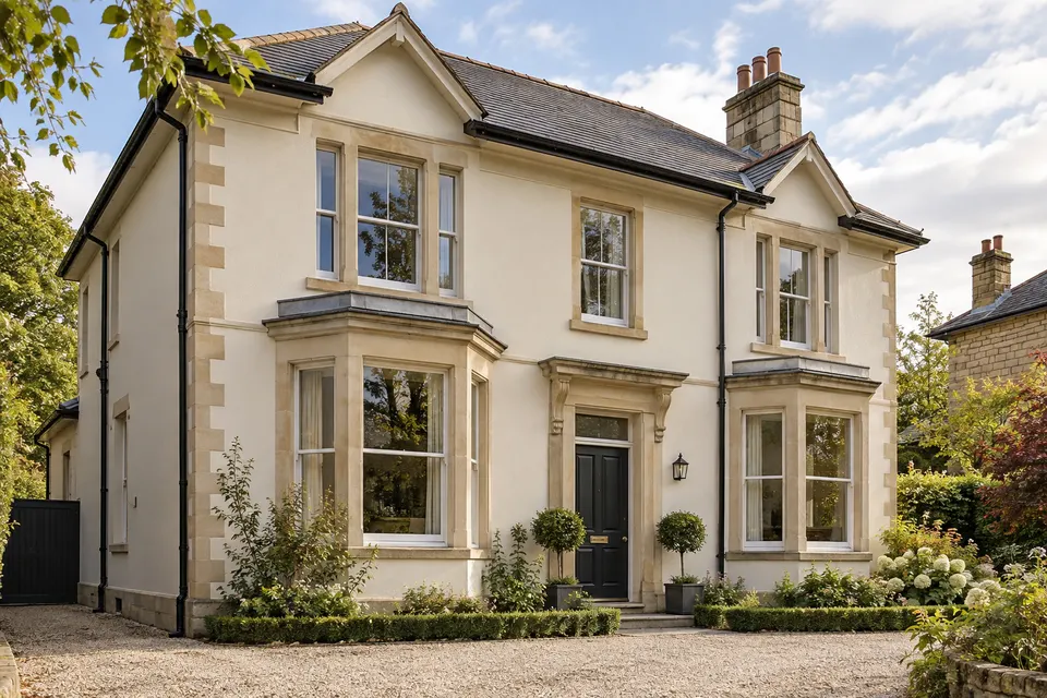 Illustrative rendered house with coordinated windows and exterior details