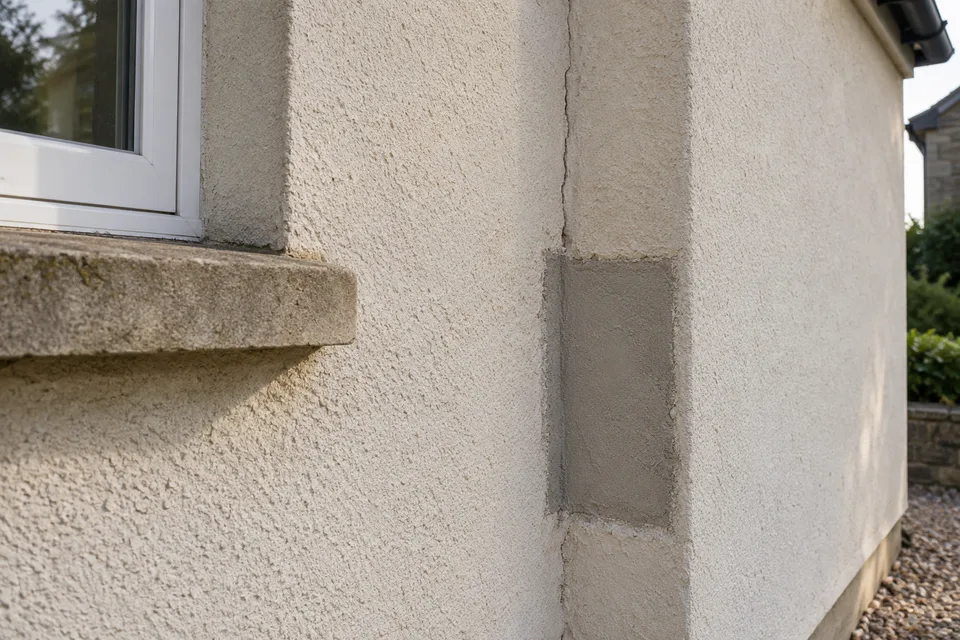 A defined repair area showing the edge between existing render and a patch